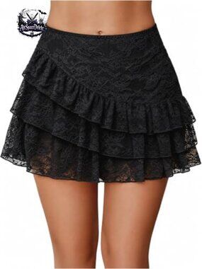 Lace Layered Mini Skirt High Waist Ruffle A-Line Nylon Spandex